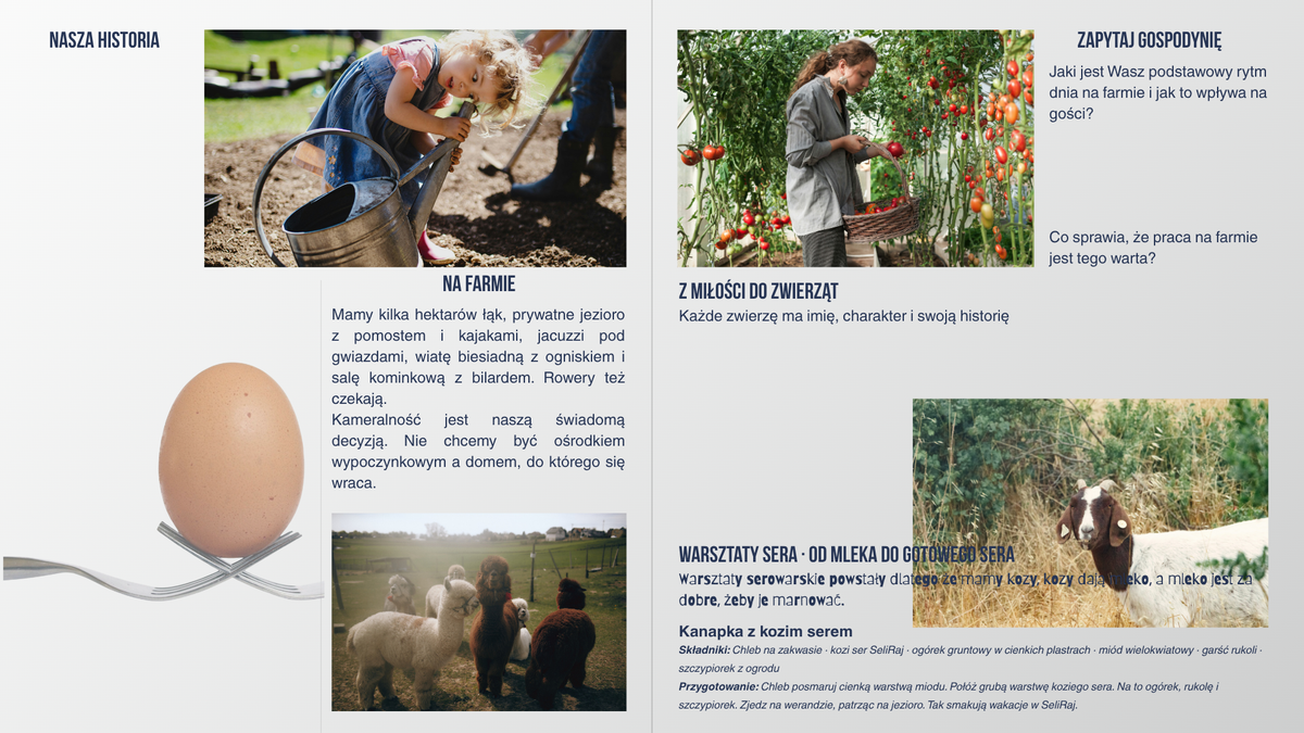 SeliRaj brochure page about the farm's story, its animals and goat's cheese workshops