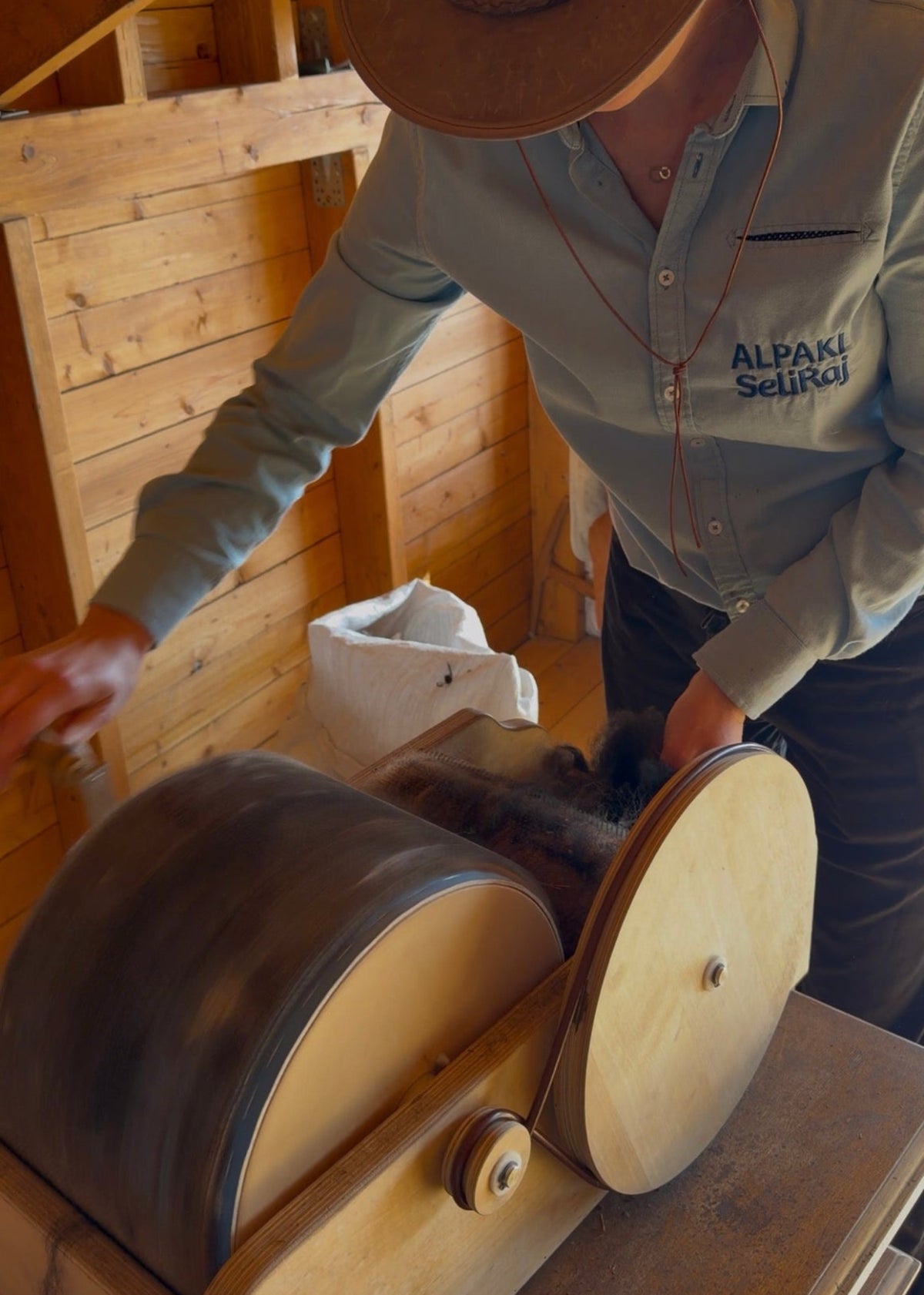 Preparing alpaca fleece on a wooden hand-cranked machine